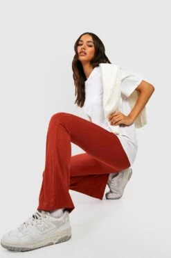 Gerippte Basic Schlaghose Mit Hohem Bund -Deutschland Mode Pfiff Verkaufs-Shop gzz46397 rust xl 2