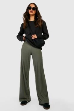 Gerippte Basic Hose Mit Weitem Bein Und Hohem Bund