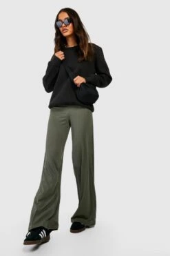 Gerippte Basic Hose Mit Weitem Bein Und Hohem Bund -Deutschland Mode Pfiff Verkaufs-Shop gzz46412 khaki xl 2