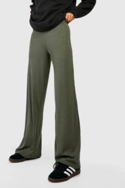 Gerippte Basic Hose Mit Weitem Bein Und Hohem Bund -Deutschland Mode Pfiff Verkaufs-Shop gzz46412 khaki xl 3
