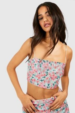 Florales Kurzes Pailletten-Trägertop Mit Geradem Ausschnitt