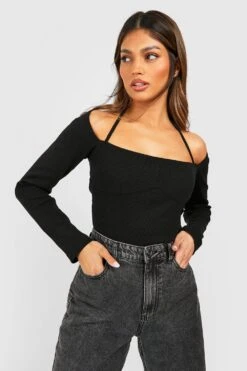 Langärmliges Geripptes Korsett-Oberteil Mit Neckholder-Detail