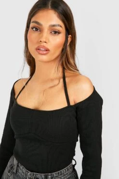 Langärmliges Geripptes Korsett-Oberteil Mit Neckholder-Detail -Deutschland Mode Pfiff Verkaufs-Shop gzz47629 black xl 2