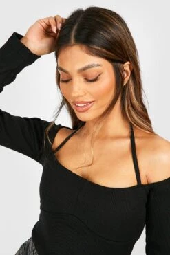 Langärmliges Geripptes Korsett-Oberteil Mit Neckholder-Detail -Deutschland Mode Pfiff Verkaufs-Shop gzz47629 black xl 3