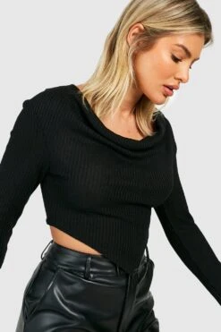 Langärmliges Strukturiertes Crop Top Mit Wasserfallausschnitt -Deutschland Mode Pfiff Verkaufs-Shop gzz47790 black xl 3