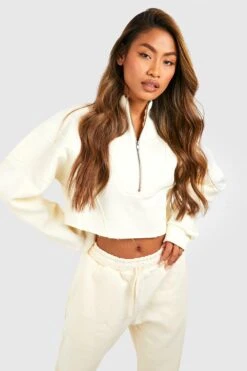 Kurzes Sweatshirt Mit Halbem Reißverschluss Und Naht-Detail -Deutschland Mode Pfiff Verkaufs-Shop gzz47849 ecru xl 2