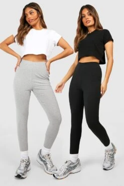 2er-Pack Baumwoll-Leggings Mit Hohem Bund In Schwarz & Grau