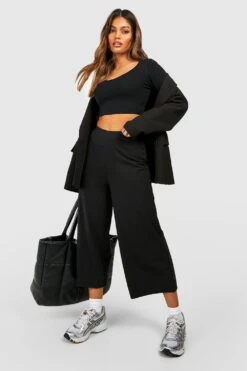Schwarze Baumwoll Culotte-Hose Mit Hohem Bund