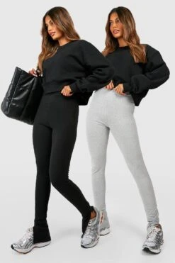 2er-Pack Schwarze & Graue Baumwoll-Leggings Mit Hohem Bund Und Geteiltem Saum