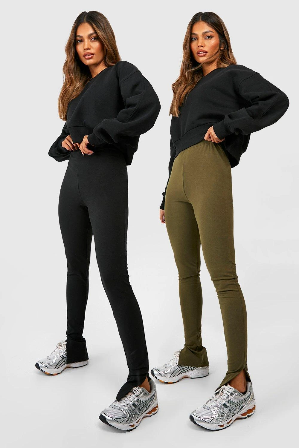 2er-Pack Schwarze & Khaki Baumwoll-Leggings Mit Hohem Bund Und Geteiltem Saum 1 2er-Pack Schwarze & Khaki Baumwoll-Leggings Mit Hohem Bund Und Geteiltem Saum