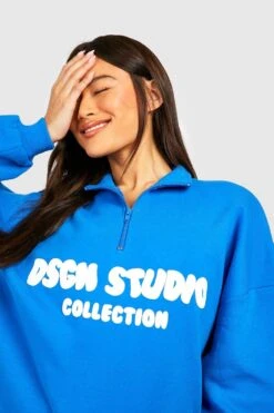 Oversize Sweatshirt Mit Print Und Halbem Reißverschluss -Deutschland Mode Pfiff Verkaufs-Shop gzz50460 cobalt xl 3