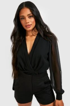 Chiffon Wickel-Body Mit Geteilten Ärmeln -Deutschland Mode Pfiff Verkaufs-Shop gzz50821 black xl 2