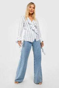 Gestreiftes Wickel-Hemd Mit Rüschen -Deutschland Mode Pfiff Verkaufs-Shop gzz51128 blue xl 2