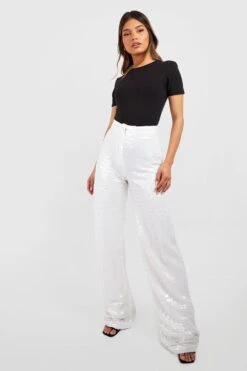 Pailletten-Hose Mit Hohem Bund Und Weitem Bein 6 Pailletten-Hose Mit Hohem Bund Und Weitem Bein -Deutschland Mode Pfiff Verkaufs-Shop gzz51361 white xl 2