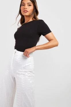 Pailletten-Hose Mit Hohem Bund Und Weitem Bein 7 Pailletten-Hose Mit Hohem Bund Und Weitem Bein -Deutschland Mode Pfiff Verkaufs-Shop gzz51361 white xl 3
