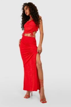 Strukturierter Geraffter Maxirock Mit Schlitz -Deutschland Mode Pfiff Verkaufs-Shop gzz51577 red xl 3