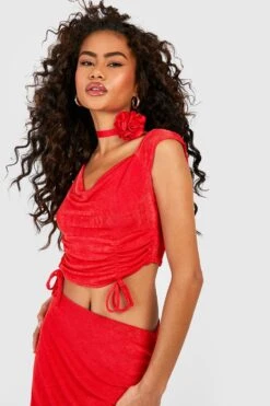 Strukturiertes Gerafftes Crop Top Mit Wasserfallausschnitt 6 Strukturiertes Gerafftes Crop Top Mit Wasserfallausschnitt -Deutschland Mode Pfiff Verkaufs-Shop gzz51578 red xl 2