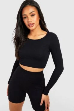 Nahtloses Geripptes Rundhals-Oberteil -Deutschland Mode Pfiff Verkaufs-Shop gzz51865 black xl 2