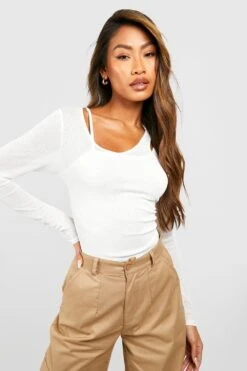 Strukturiertes Semi-transparentes 2-in-1 Oberteil Mit Langen Ärmeln -Deutschland Mode Pfiff Verkaufs-Shop gzz51979 white xl 3