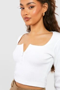 Geripptes Crop Top Mit Geradem Ausschnitt Und Halbem Reißverschluss -Deutschland Mode Pfiff Verkaufs-Shop gzz52020 white xl 3