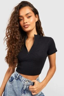 Geripptes Crop Top Mit Halbem Reißverschluss