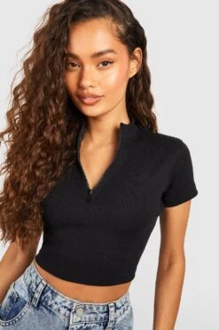 Geripptes Crop Top Mit Halbem Reißverschluss -Deutschland Mode Pfiff Verkaufs-Shop gzz52023 black xl 2