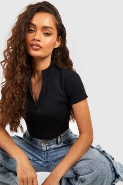 Geripptes Crop Top Mit Halbem Reißverschluss -Deutschland Mode Pfiff Verkaufs-Shop gzz52023 black xl 3