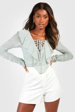 Langärmliger Geschnürter Mesh-Body Mit Rüschen-Detail