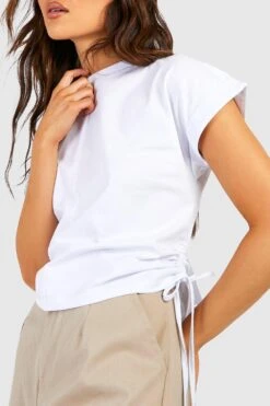 Kurzes T-Shirt Mit Gerollten Ärmeln Und Seitlicher Raffung -Deutschland Mode Pfiff Verkaufs-Shop gzz53489 white xl 3