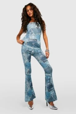 Schlaghose Mit Mittelhohem Bund Und Denim-Print