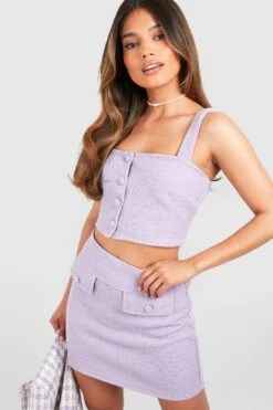Tweed Crop Top Mit Geradem Ausschnitt Und Knopfleiste