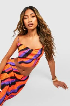 Plissee Crop Top Mit Abstraktem Print Und Wasserfallausschnitt