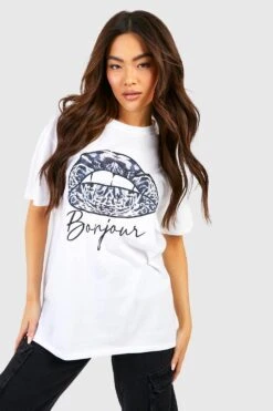 Oversize T-Shirt Mit Bonjour Lippen Print