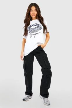 Oversize T-Shirt Mit Bonjour Lippen Print -Deutschland Mode Pfiff Verkaufs-Shop gzz57089 white xl 2