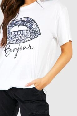 Oversize T-Shirt Mit Bonjour Lippen Print -Deutschland Mode Pfiff Verkaufs-Shop gzz57089 white xl 3