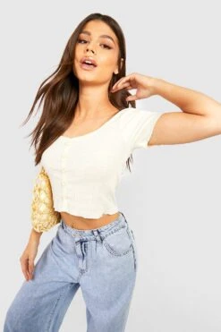 Geripptes Crop Top Mit Gekräuseltem Detail 6 Geripptes Crop Top Mit Gekräuseltem Detail -Deutschland Mode Pfiff Verkaufs-Shop gzz57787 cream xl 2